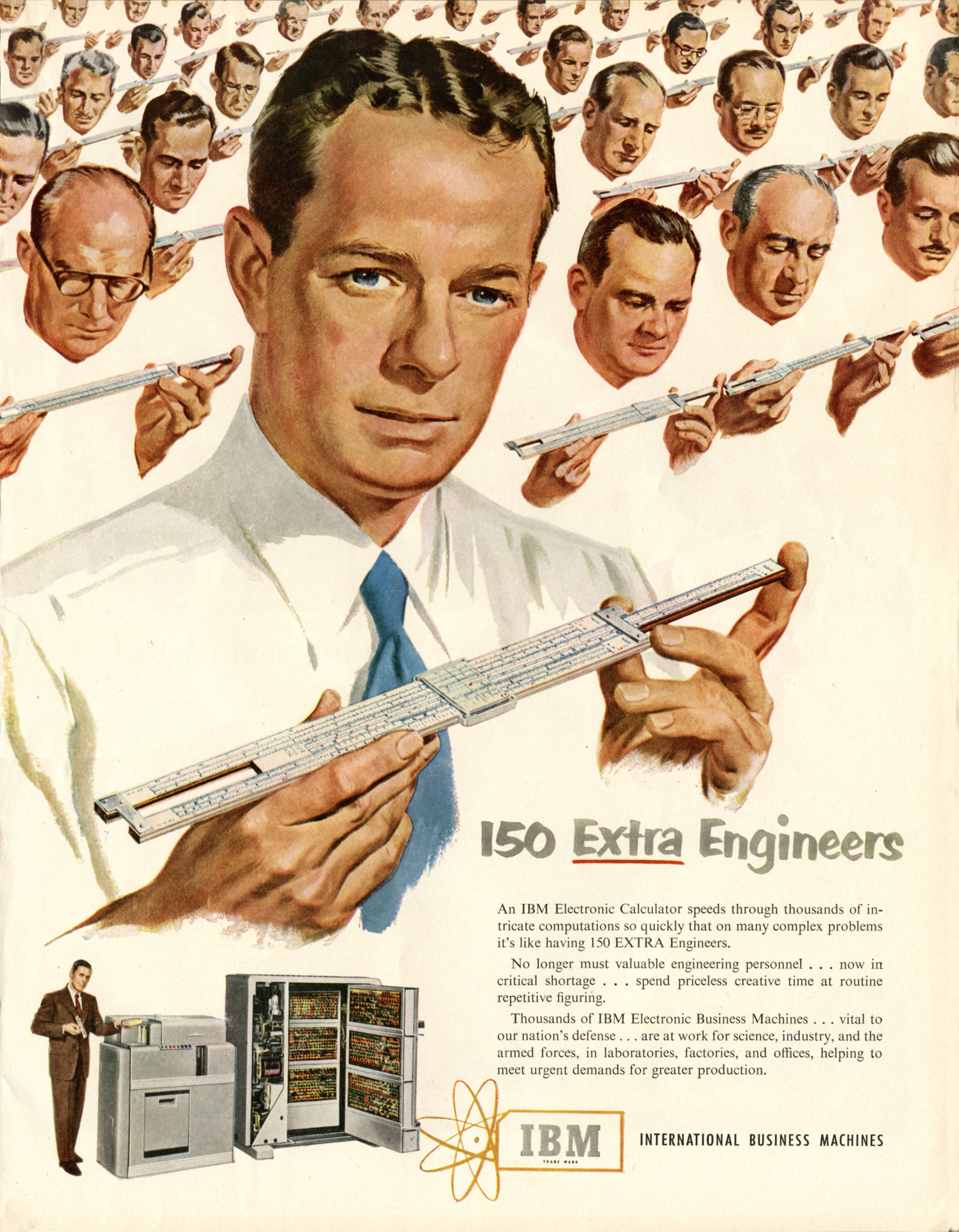 IBM’s 1951 advertisement, 150 Extra Engineers, showing rows of engineers doing calculations.