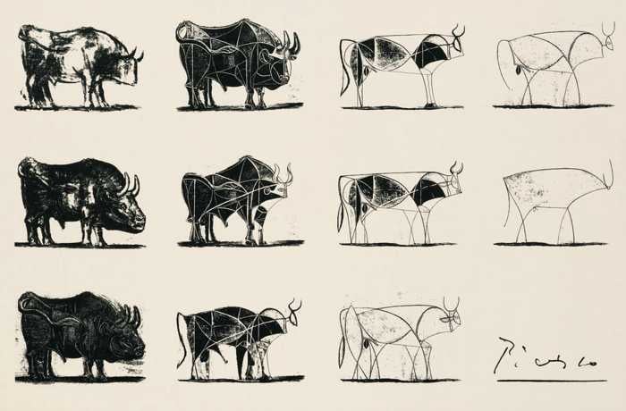Eleven versions of Picasso's bull, progressing from a detailed animal to a few essential lines.