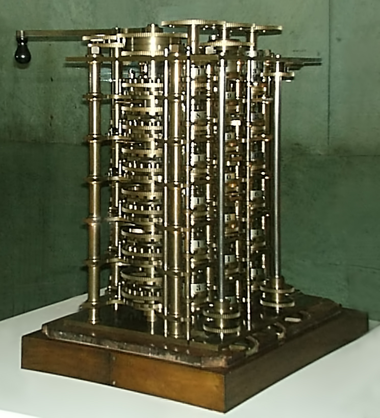 The 1832 demonstration portion of Babbage’s Difference Engine No. 1, with its columns of brass gears and hand crank.